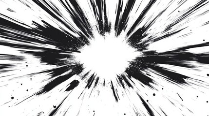 Dynamic comic book explosion effect with bold black lines and motion streaks, isolated on a white background
