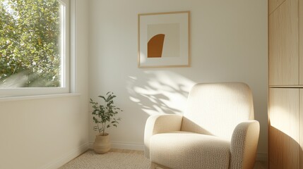 Fototapeta premium Sunlit room, beige armchair, plant, artwork, window, interior design, home decor