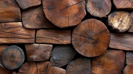 Naklejka premium Rustic Brown Wood Texture Cross Section Logs Timber Stacked Wood Wooden Background Na