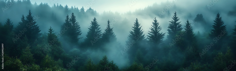 Poster misty forest landscape with tall trees and soft, diffused light in the background.