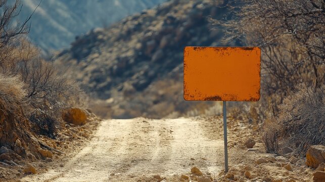 Empty Orange Sign on Dusty Road Surrounded by Dry Hills and Baren Landscape Under Bright Sky