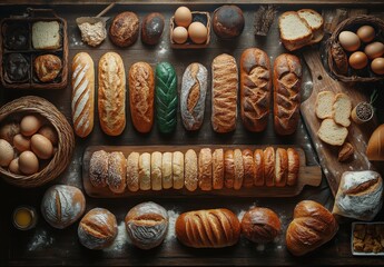 Assorted Breads and Eggs on Rustic Wooden Table with Flour Dust, Freshly Baked Loaves of Artisan Bread and Farm Fresh Eggs in Baskets