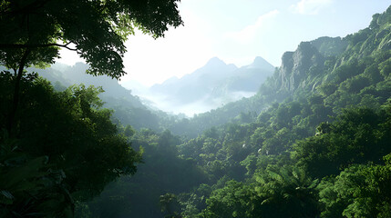 Fototapeta premium Lush Green Mountain Valley Landscape with Fog and Sunlight