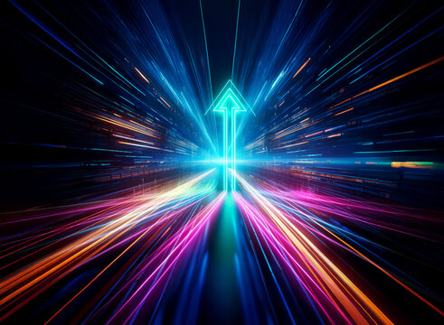A double exposure image features an arrow of vibrant light streaks pointing upwards against a dark backdrop.  A dynamic composition suggests speed and forward motion.