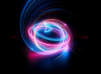 Swirling vibrant lights in a double exposure effect, showcasing dynamic pink and blue hues against a stark black background. Energy and motion are visually conveyed.