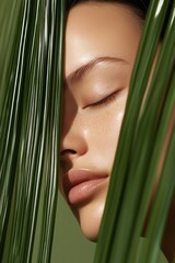 Fototapeta premium Serene Beauty in Nature's Embrace: A close-up shot captures a young woman's tranquil face, framed by vibrant green leaves. Soft, natural lighting accentuates her flawless skin.
