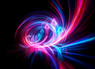 Neon arrows in vibrant blue and red hues are depicted with a double exposure effect, swirling and glowing against a dark backdrop, creating a sense of motion.