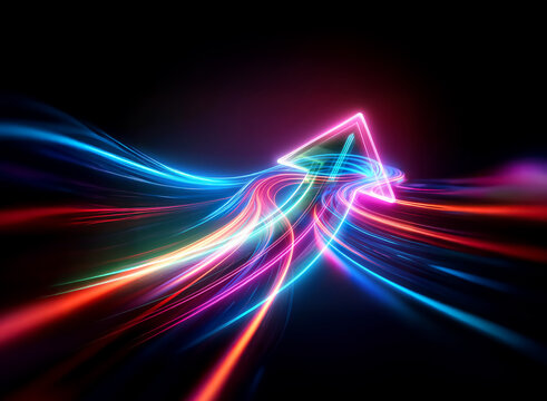 Vibrant double exposure of a glowing neon arrow pointing upwards against a dark backdrop. Colorful light trails stream behind the arrow, conveying motion and direction.