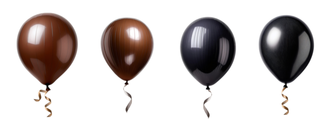 four dark balloons with ribbon on the bottom.