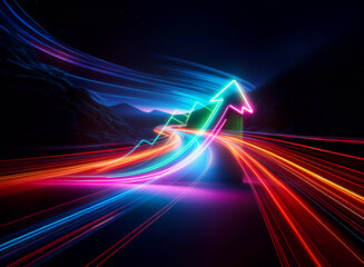 A vibrant double exposure image featuring a neon arrow pointing upwards, overlaid with dynamic streaks of colorful light against a dark backdrop with mountain silhouettes.