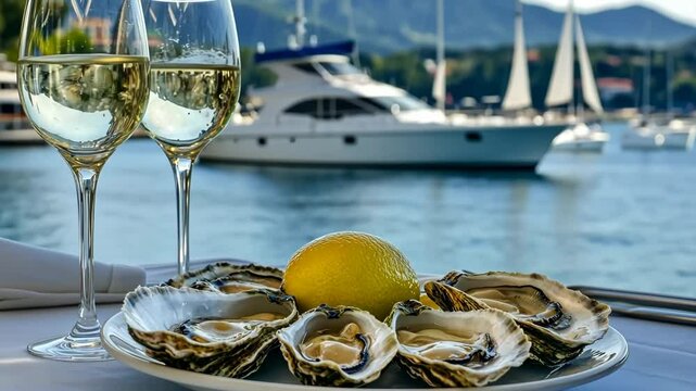 Enjoying fresh oysters with white wine by the waterfront in a scenic location during a sunny afternoon