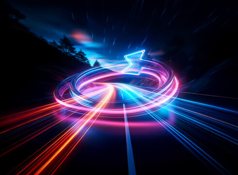 Vibrant double exposure art featuring a neon arrow spiraling with dynamic blue and red light trails set against a dark backdrop.