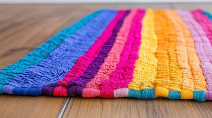 Colorful Handwoven Textile with Vibrant Stripes on Wooden Surface