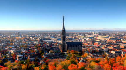 Autumnal Cityscape with Cathedral and Colorful Trees