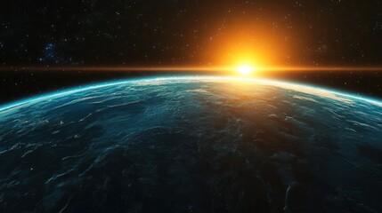 Obraz premium A breathtaking view of Earth from space at sunrise, showcasing the planet's curvature, vibrant colors of the atmosphere, and the sun rising above the horizon, evoking a sense of wonder