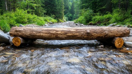 Fototapeta premium Nature Scene with Log Bridge Over Gentle Flowing Stream in Forest