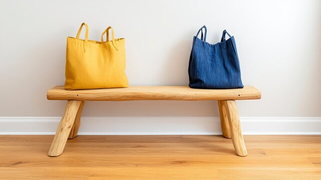 Stylish minimalist wooden bench with yellow and blue tote bags - Powered by Adobe