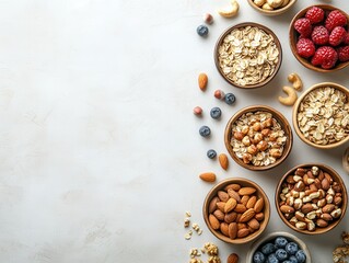 Assorted Nuts, Berries, and Oats in Wooden Bowls on a Light Background Ideal for Healthy Eating and Nutrition Concepts