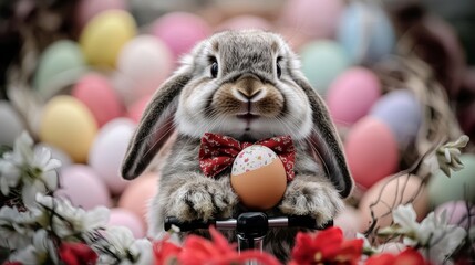 Obraz premium Adorable Easter Bunny on Bike with Egg Festive Spring Holiday