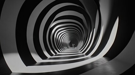 Figures walk through a black and white spiral tunnel; abstract background, concept art
