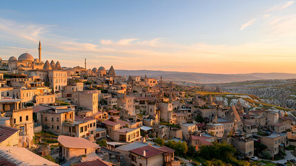 Obraz premium Picturesque Hillside Town at Sunset in Cappadocia