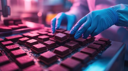 Factory worker arranging chocolates on conveyor belt (1)