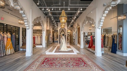 Obraz premium A lavish boutique featuring traditional and contemporary Indian bridal attire with silk drapes.