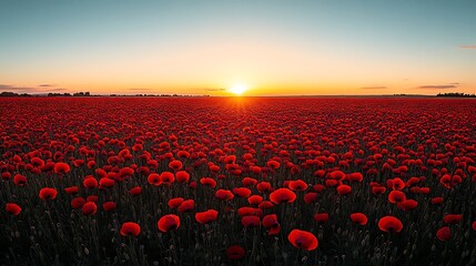 A vibrant field of red flowers under a sunset sky, creating a picturesque landscape.