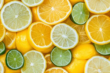 Fototapeta premium Citrus fruit medley with lemon and lime slices, a bright colorful background