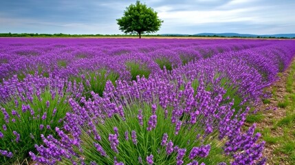 Obraz premium Lavender Field Under Cloudy Sky with a Lone Tree in Background