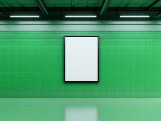 Empty Canvas in the Green Tunnel: A blank framed canvas suspended against a vibrant green-tiled wall and floor, creating a minimalist and architectural setting with bright ceiling lights.