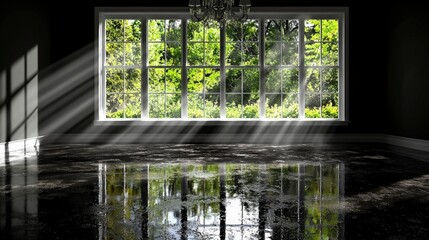 Sunbeams Illuminate Flooded Room  Dark Floor Reflection  Window Light