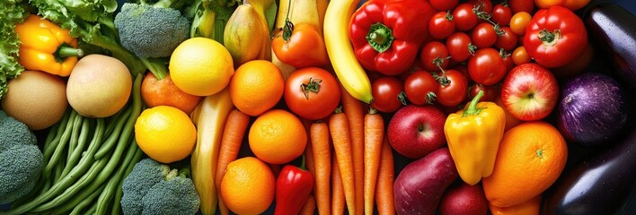 Top view of rainbow-colored fruits and vegetables arrangement, plant-based diet campaign concept for vegan food marketing and social media content.