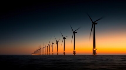 Obraz premium Offshore Wind Farm at Sunset Clean Energy Renewable Power Turbine Silhouettes