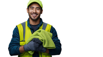 Smiling janitor portrait : A smiling janitor holds a cleaning cloth and wearing a cap, and a work uniform with a reflective vest, ready to clean and providing excellent service.