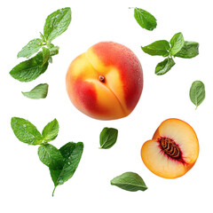A Fresh Peach with Mint Leaves Isolated on Transparent Background