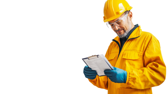 Workplace Safety Check: A focused construction worker, clad in a vibrant yellow uniform and protective gear, meticulously reviews documents on a clipboard, embodying diligence and safety.
