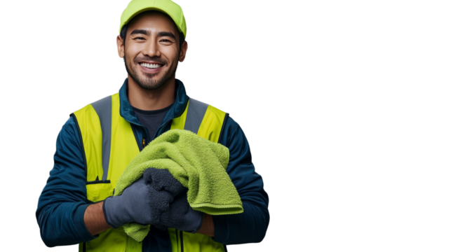 Smiling janitor portrait : A smiling janitor holds a cleaning cloth and wearing a cap, and a work uniform with a reflective vest, ready to clean and providing excellent service.