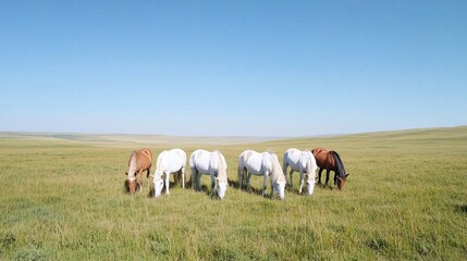 Horses grazing in a vast prairie landscape. Possible use Stock photo for nature, travel, or animal lovers