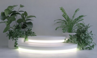 Modern indoor plant display featuring illuminated white steps and lush greenery in a minimalist setting