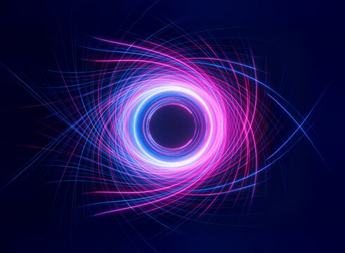Abstract digital art featuring a circular shape with dynamic pink and blue light trails swirling around it, set against a dark blue backdrop, creating a futuristic and energetic feel.