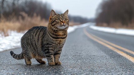 Tabby Cat Sitting on a Winter Roadway