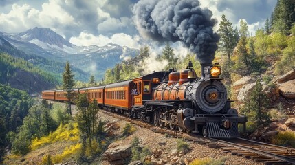 Obraz premium Train traveling down tracks through scenic mountains with greenery and clear sky