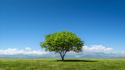 Obraz premium Solitary Tree in a Green Field Under a Blue Sky with Mountains in the Background