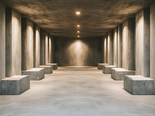 Fototapeta premium spacious angular concrete room with smooth walls and benches, illuminated by soft overhead lights, creating minimalist and modern atmosphere