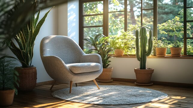 Cozy armchair by window, sunlit room, lush plants