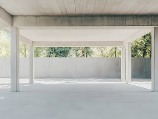 Obraz premium realistic photo of empty architectural pavilion with concrete pillars and minimalist design, surrounded by greenery. serene atmosphere invites contemplation