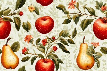 Whimsical garden delights with apples, pears, and floral accents.- Seamless Pattern - Seamless Pattern