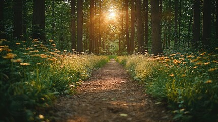 Obraz premium Sunlit Forest Path With Wildflowers And Trees
