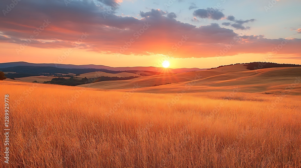 Poster sunset over golden fields with rolling hills and a vibrant sky.